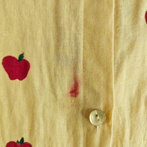 Eileen Fisher Yellow Button Up Top 100% Irish Linen Hand Painted Red Apples XL - Picture 10 of 16